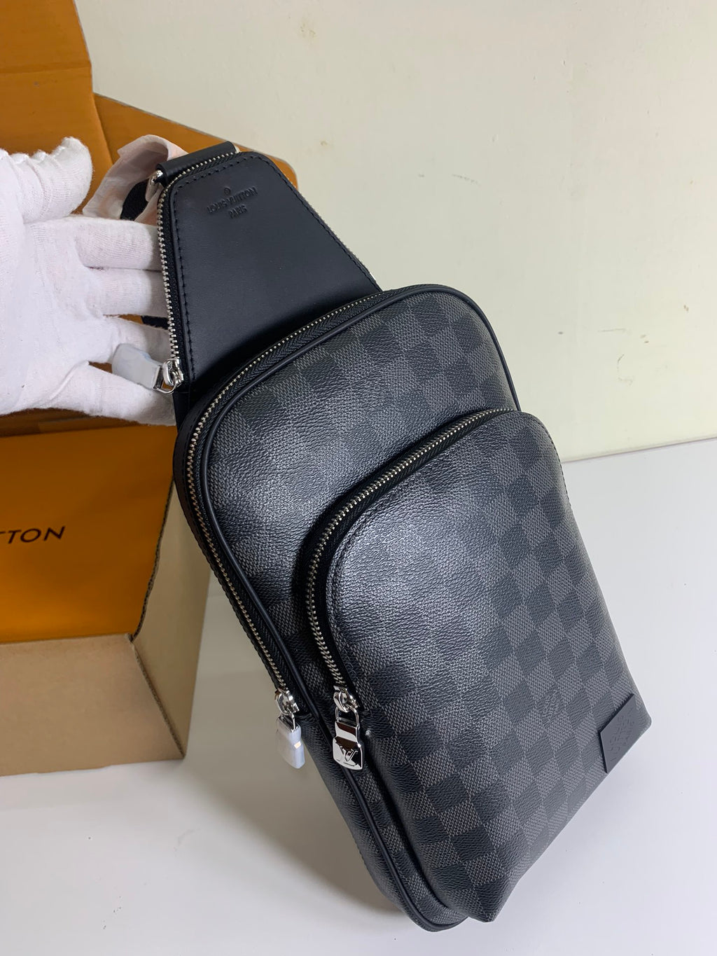 Louis Vuitton damier crossbody bag, dark checker pattern with two zip compartments