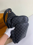 Louis Vuitton crossbody bag with Damier check pattern, front zip compartment and strap
