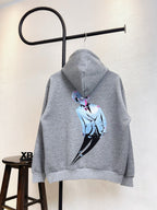 Gray Louis Vuitton hoodie back with multicolor graphic and drawstring hood.