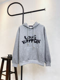 Gray Louis Vuitton hoodie with drawstring hood and large black logo print front.