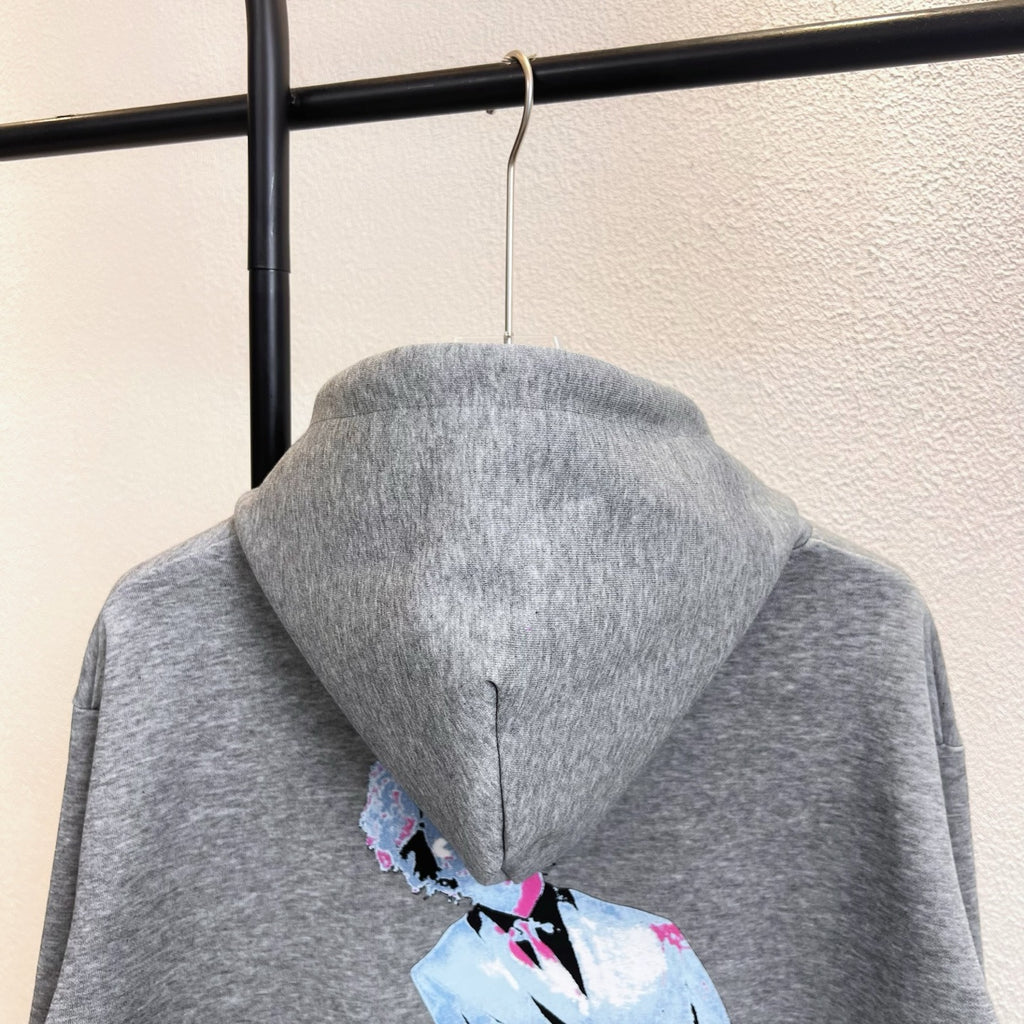 Gray Louis Vuitton hoodie back hood with multicolor lightning graphic and drawstrings.