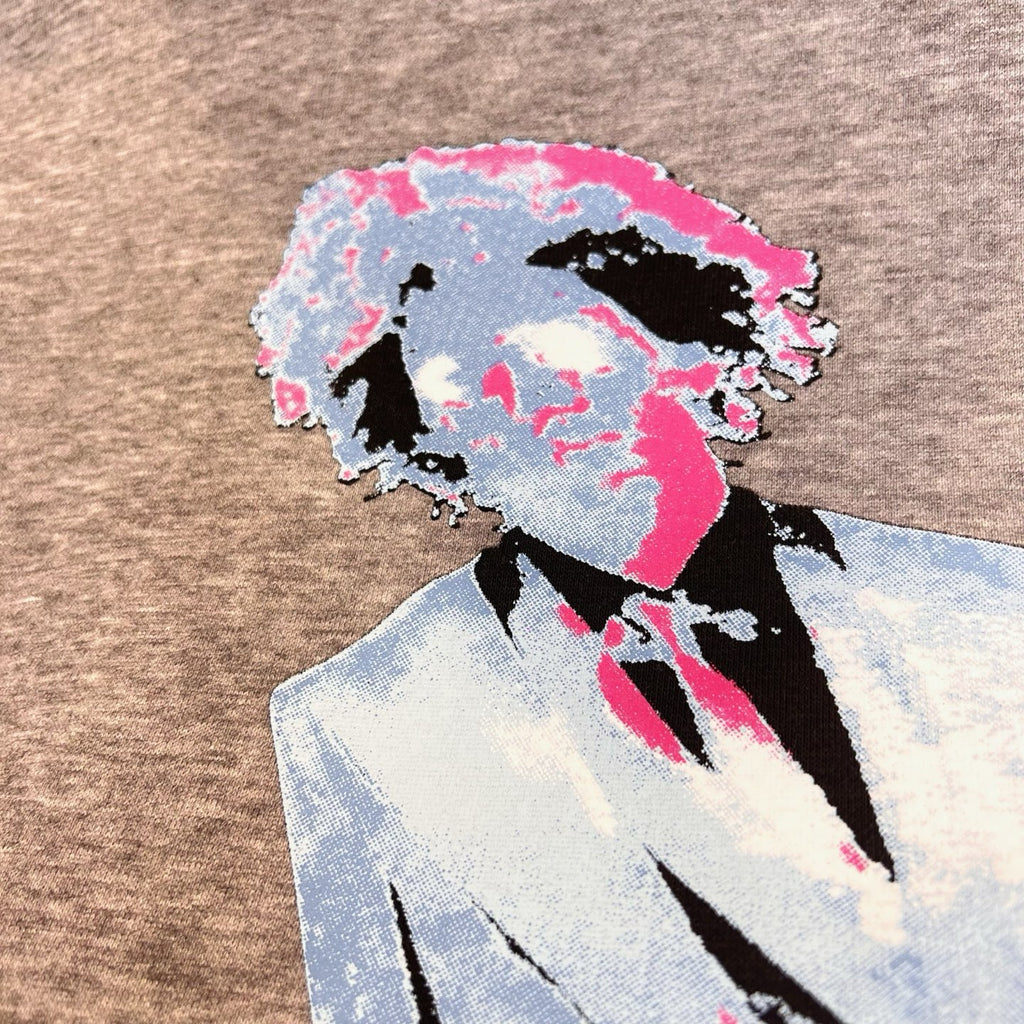 Long graphic shirt close-up portrait print in pink and blue on heather gray