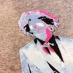 Long graphic shirt close-up portrait print in pink and blue on heather gray