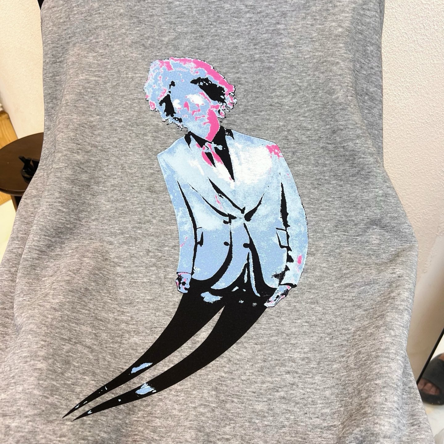 Louis Vuitton long graphic shirt, heather gray with large pink-blue portrait print