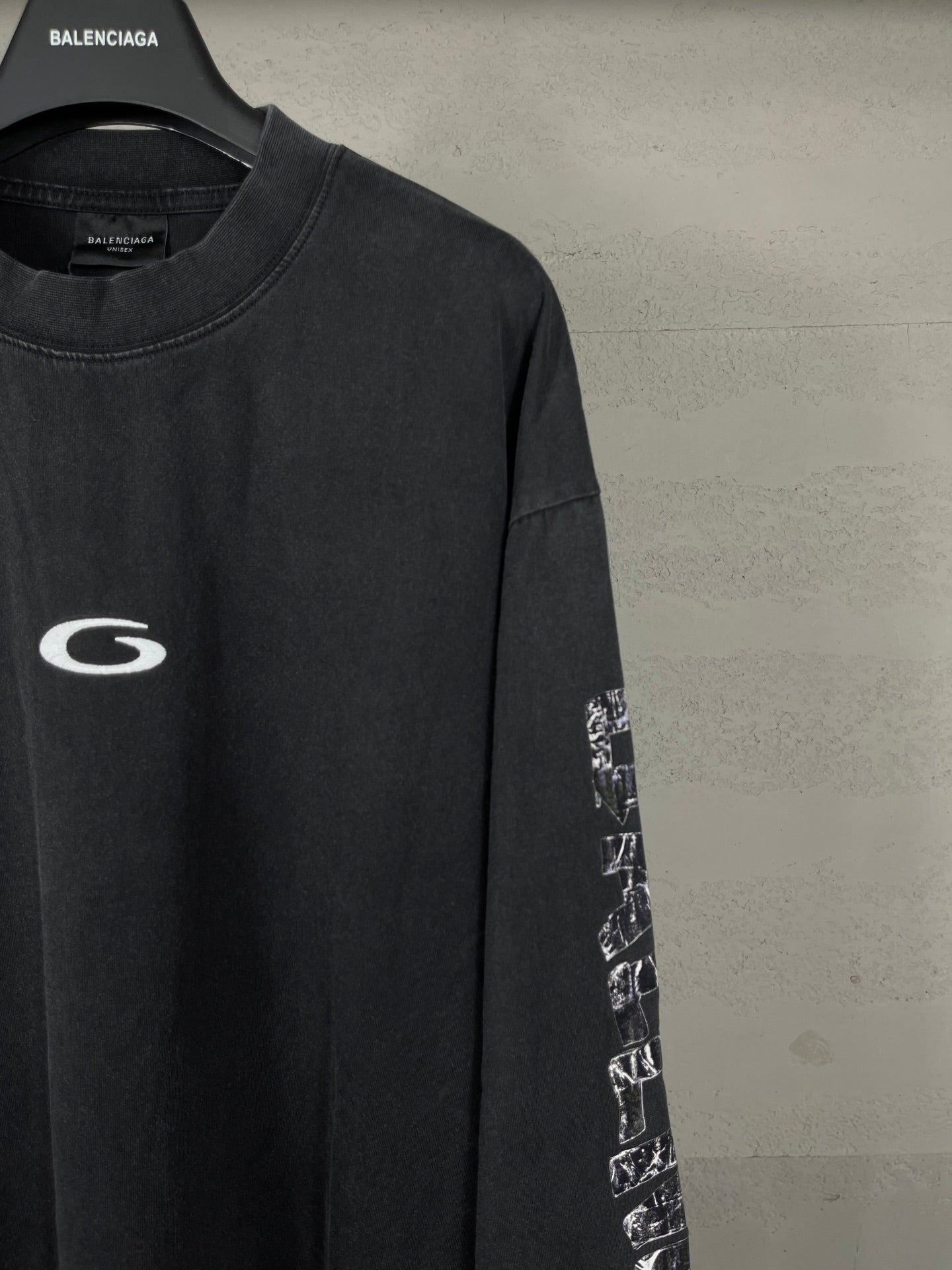 Balenciaga long-sleeve T-shirt, dark with left sleeve logo stripe and crew neck