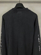 Balenciaga long-sleeve T-shirt back view, dark with printed sleeve logos