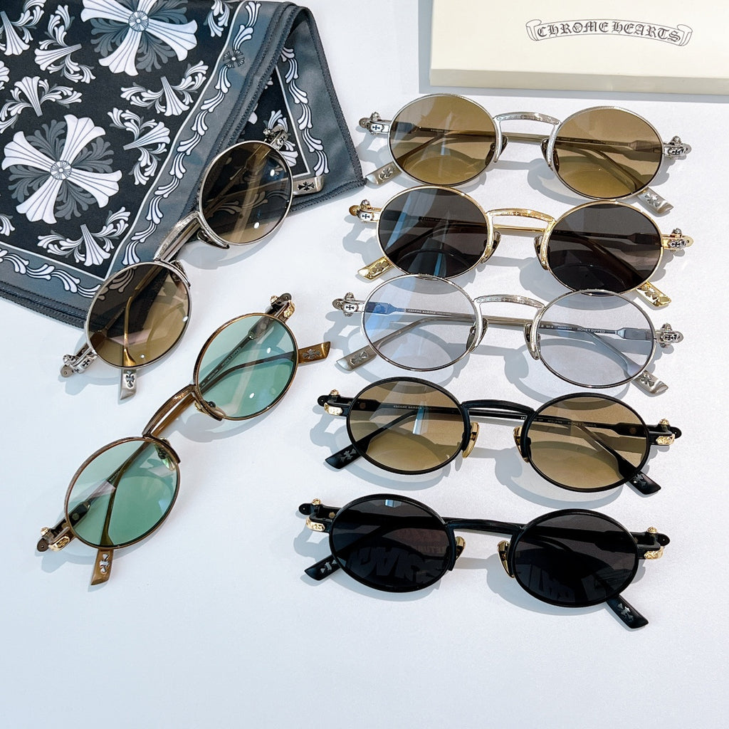 Chrome glasses set with mixed round frames and tinted lenses, arranged in a spread view.