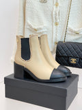 Women’s chelsea ankle boots, cream with black block heel and stitched trim