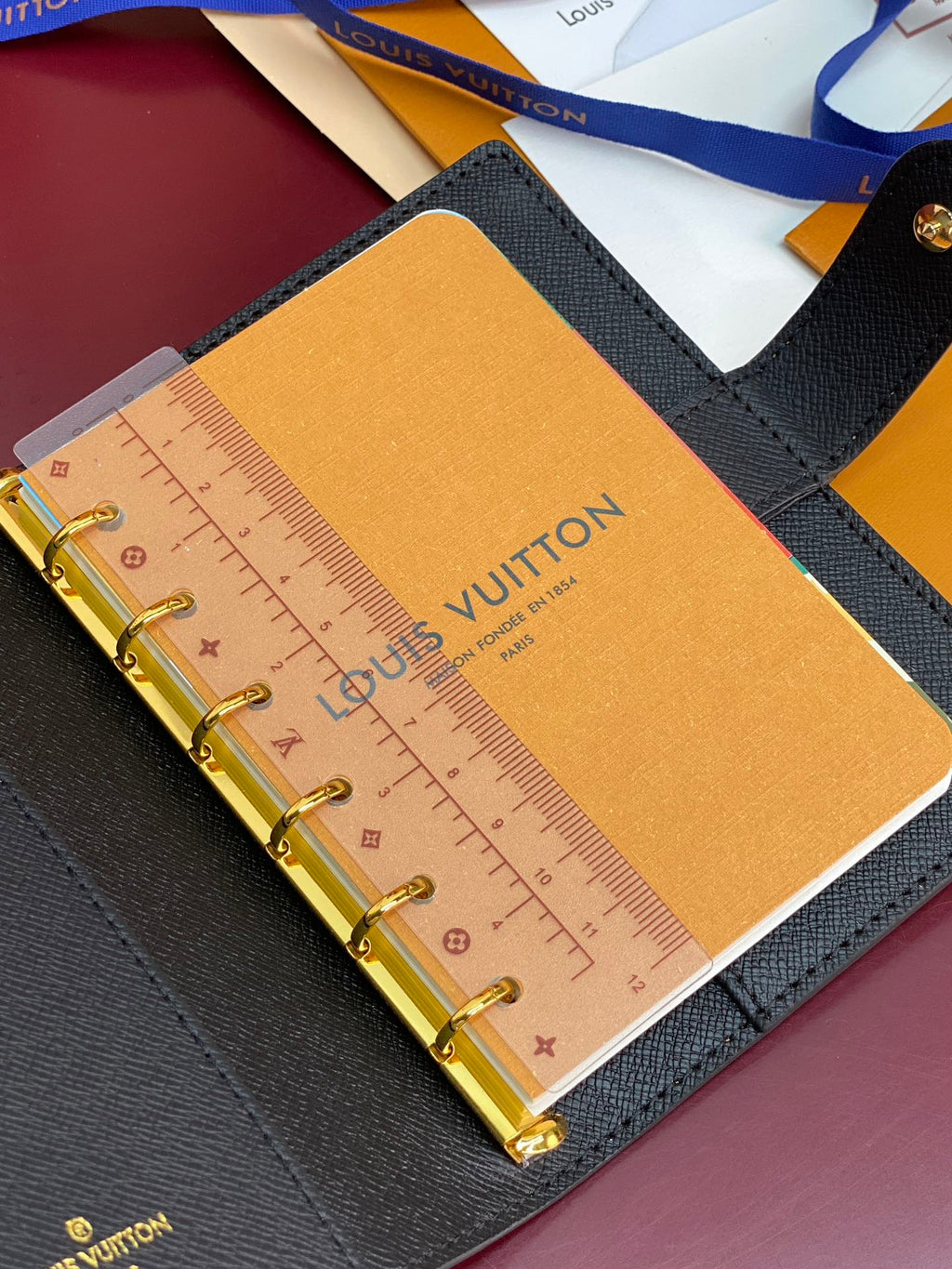 Black Louis Vuitton small bag close-up with tan ruler insert and gold rings