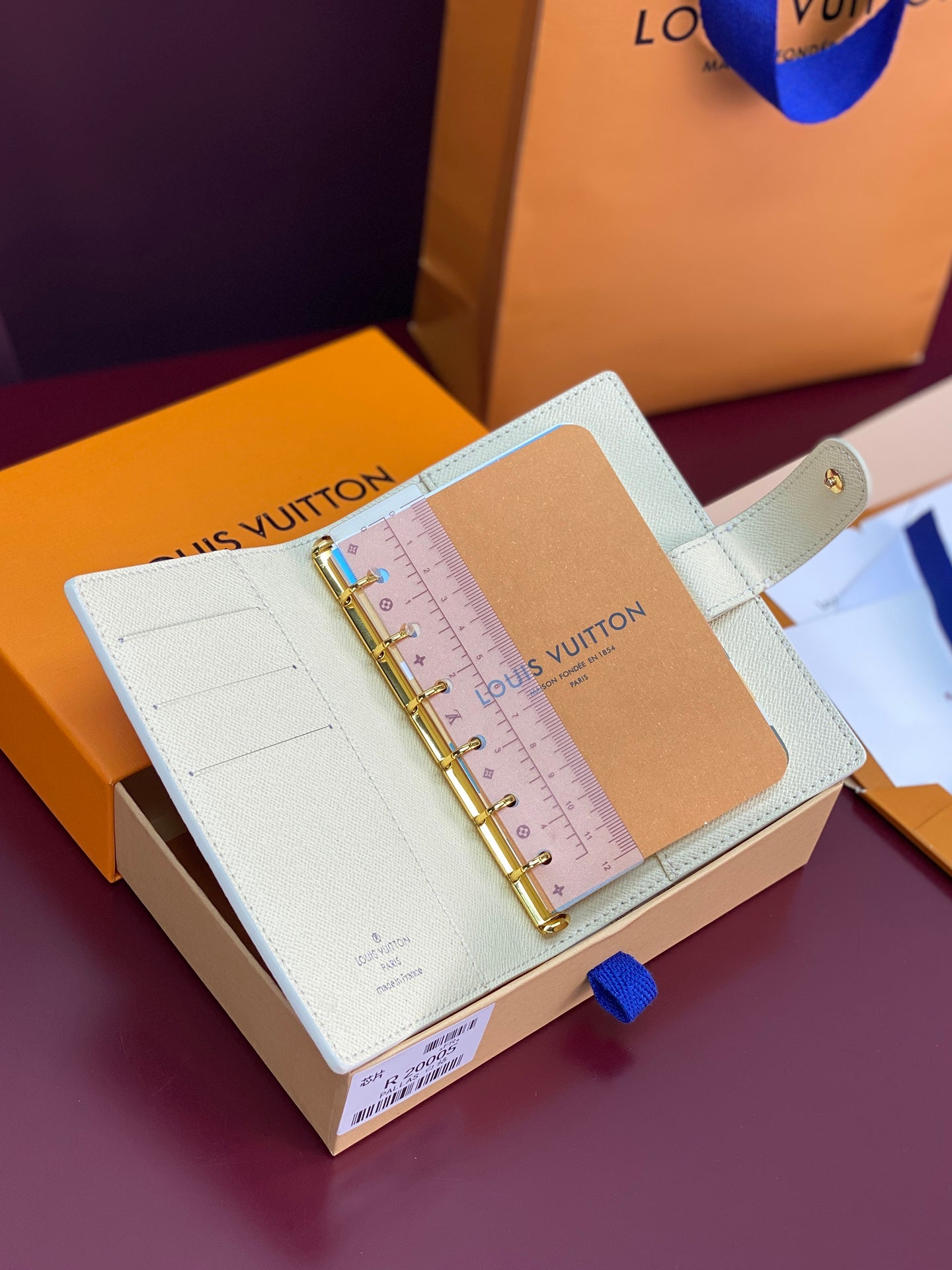 Ivory small agenda cover with ring binder, ruler insert, and gold-tone hardware