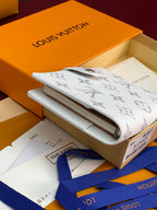 Small bag in Louis Vuitton monogram canvas with silver clasp, white and gray pattern.