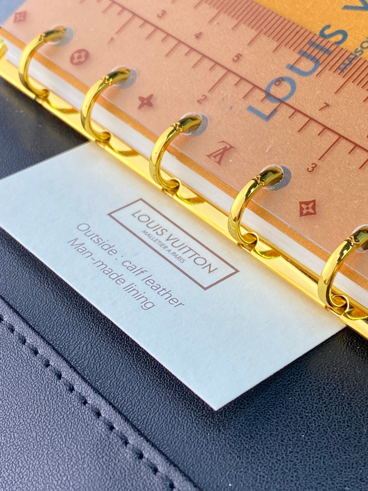 Small leather bag with gold ring hardware and Louis Vuitton label