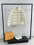 Moncler cream puffer jacket, full-zip with stand collar and red stripe trim