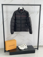 Moncler puffer jacket, black with red-striped chest and stand collar
