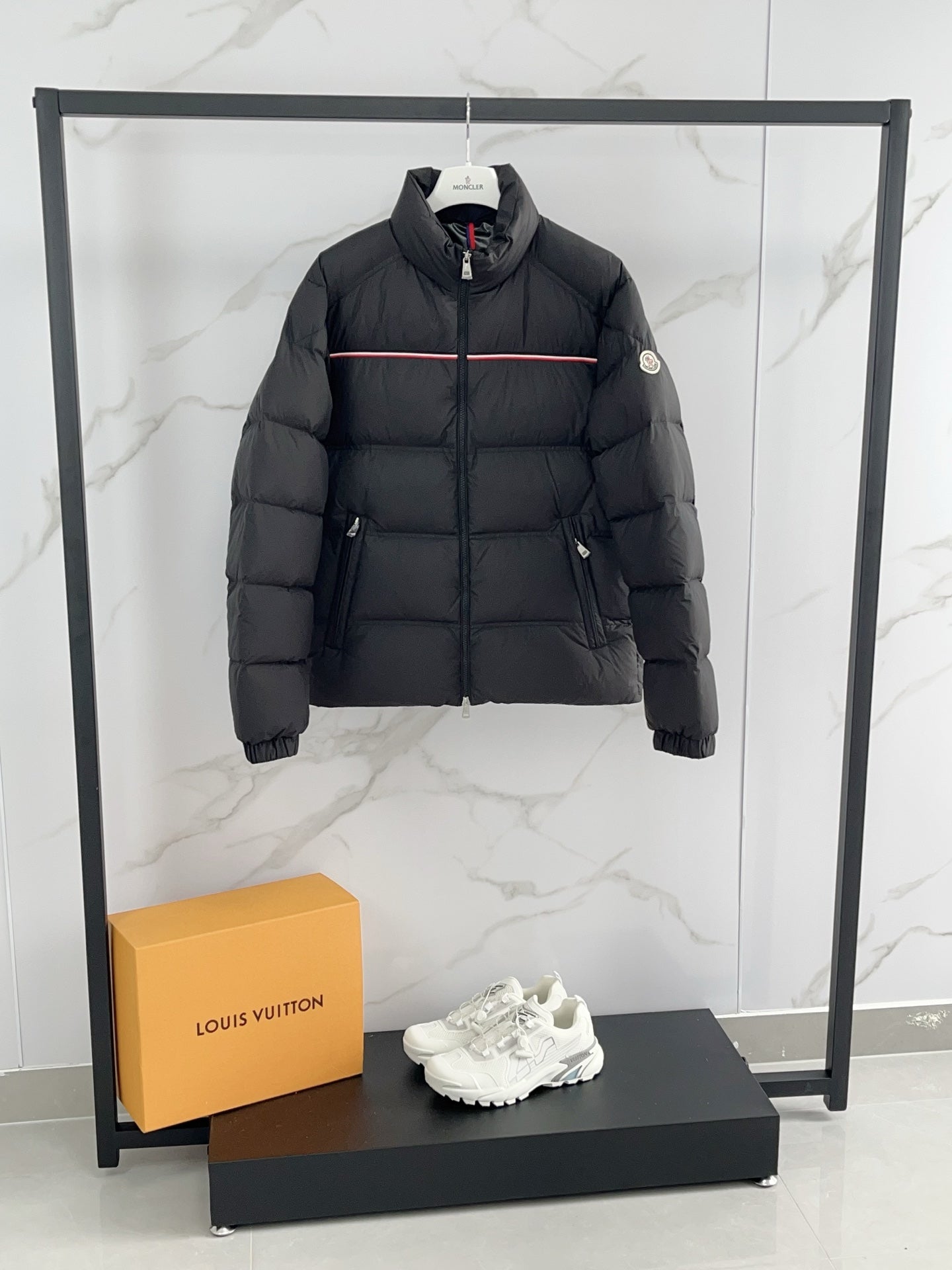 Moncler puffer jacket, black with red-striped chest and stand collar