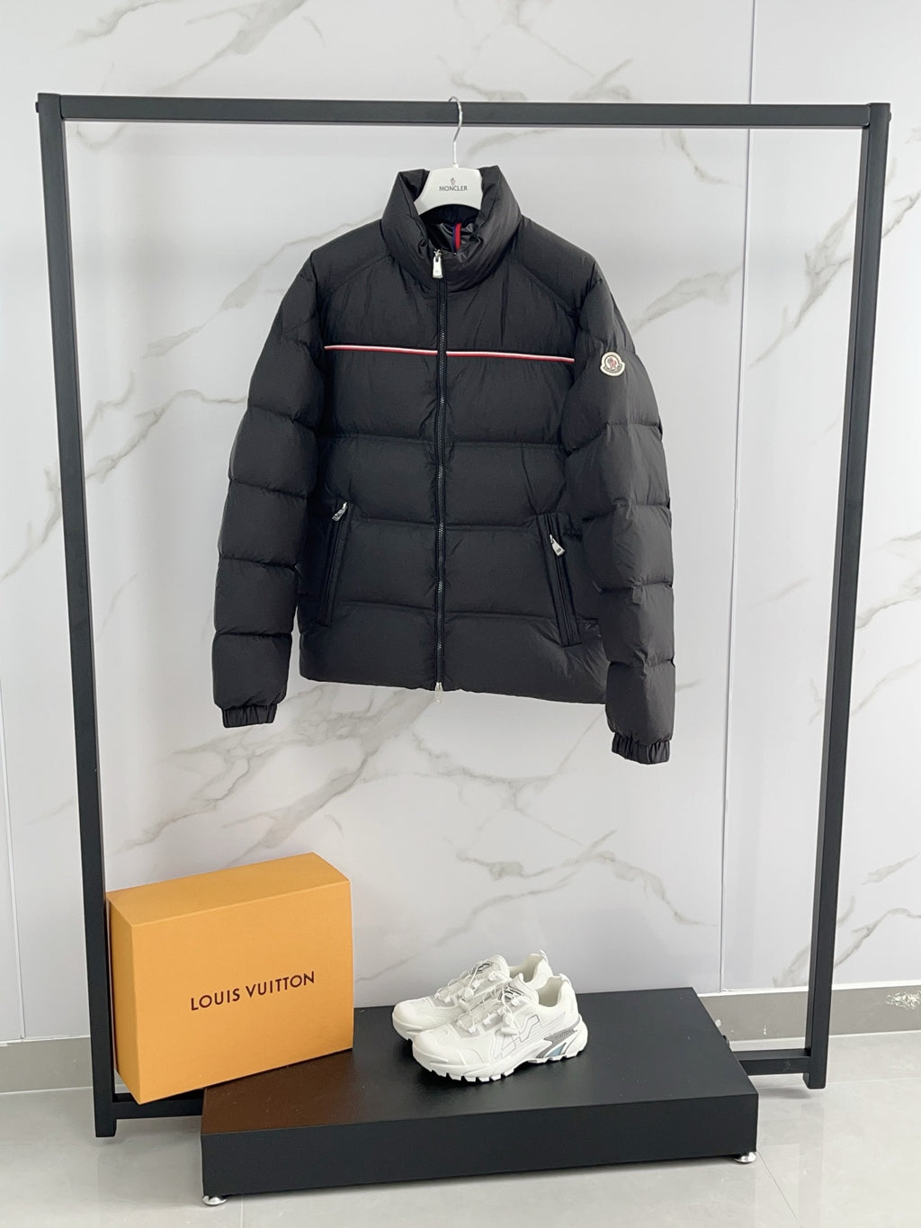Moncler puffer jacket, black with red stripe, sleeve patch, full zip front
