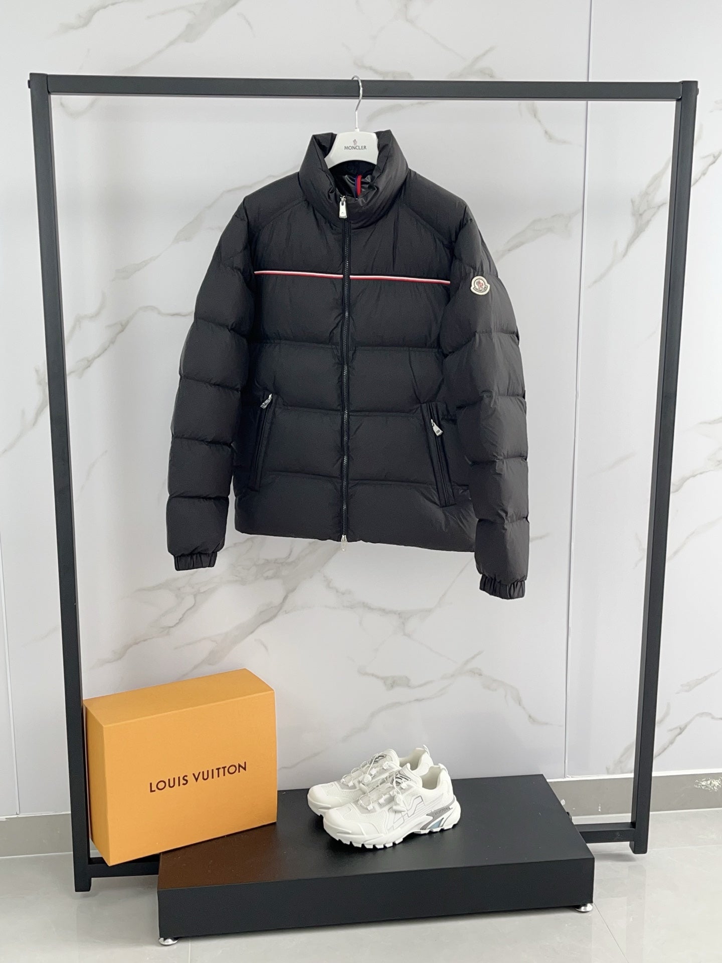 Moncler puffer jacket, black with red stripe, sleeve patch, full zip front