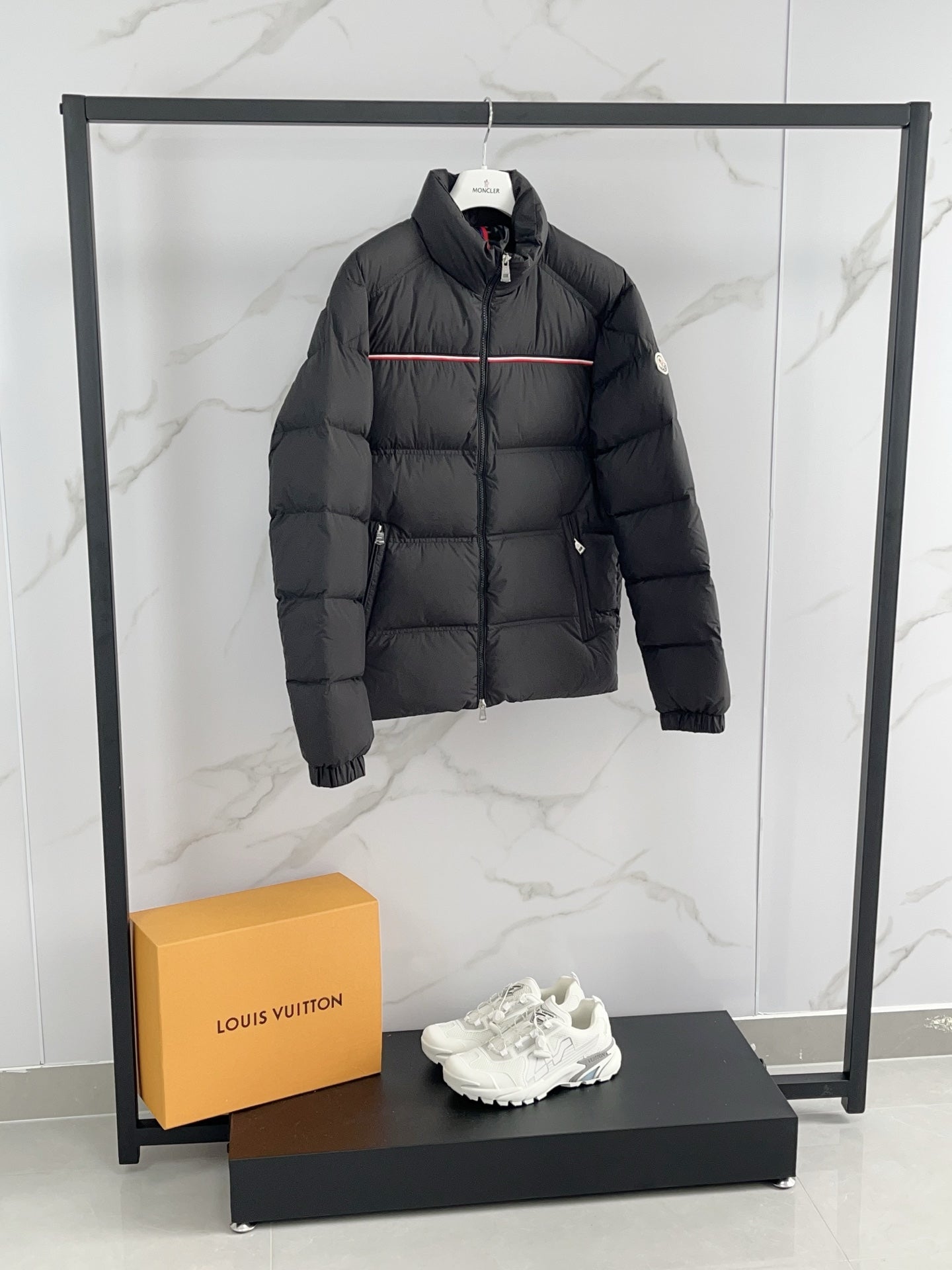Moncler puffer jacket, black with red-trim zip and stand collar