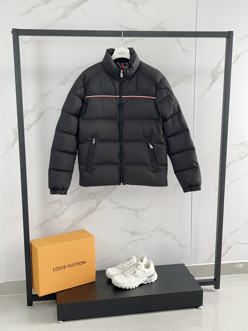 Moncler puffer jacket, black, red stripe detail and side zip pockets