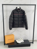 Moncler puffer jacket, black with red trim and zip front