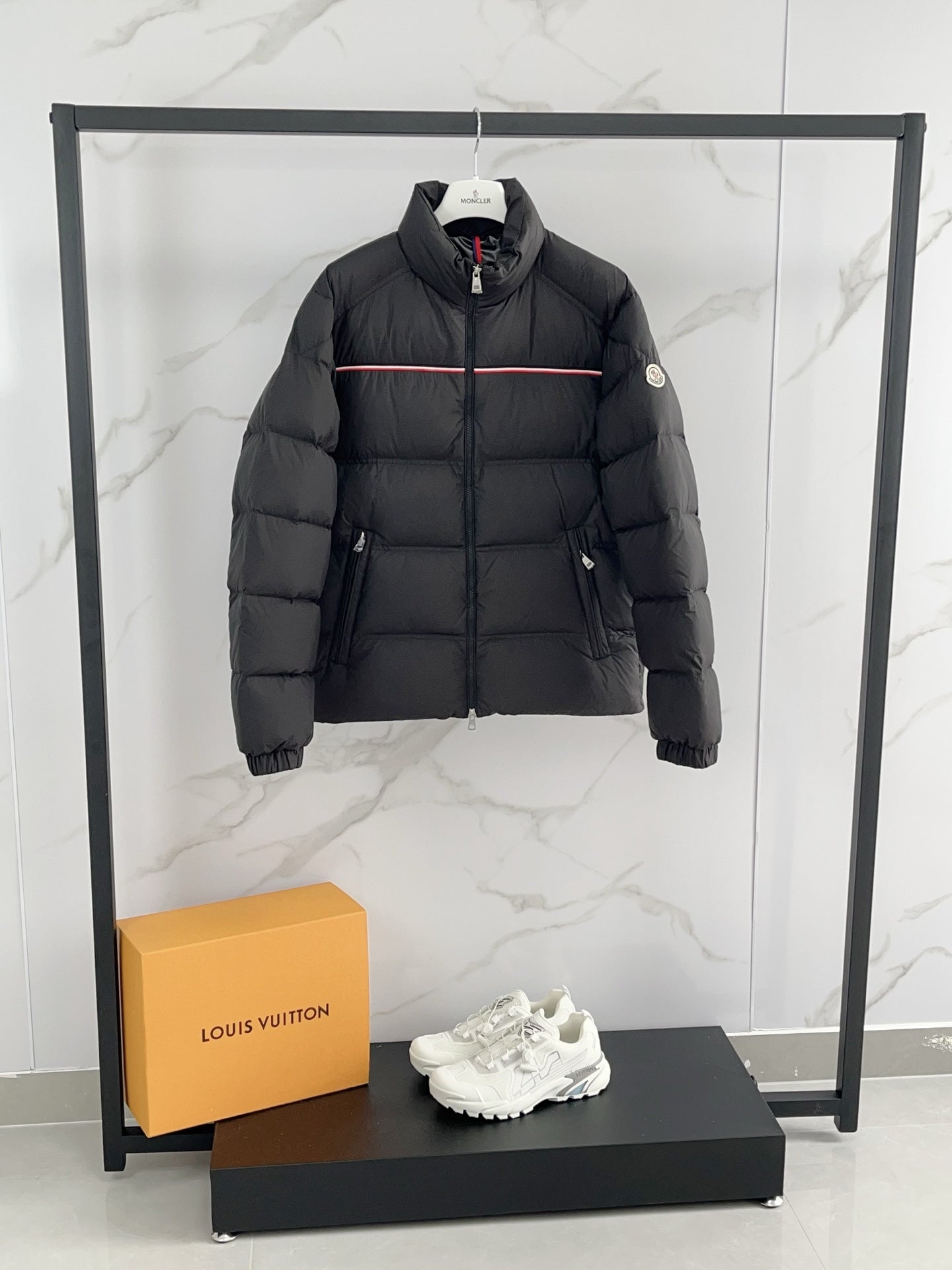 Moncler puffer jacket, black with red trim and zip front