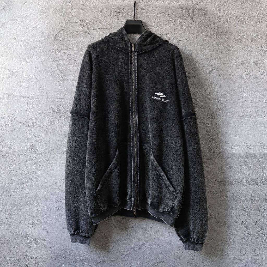 Balenciaga long-sleeve zip hoodie, dark gray/black with chest logo