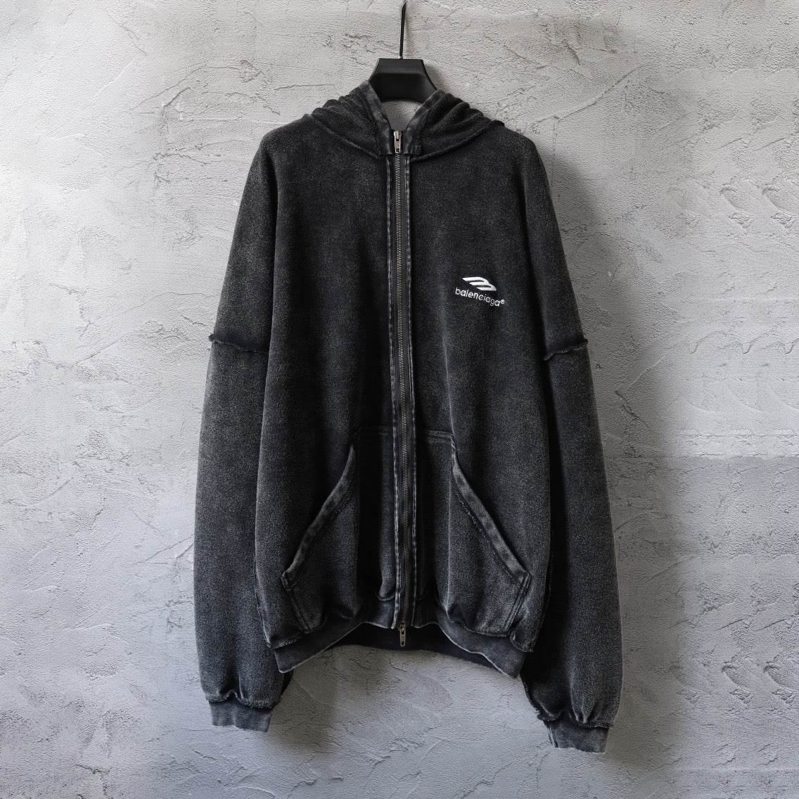 Balenciaga long-sleeve zip hoodie, dark gray/black with chest logo