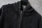 Dark zip hoodie close-up: high hood and metal zipper