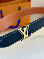 Navy leather belt with gold-tone LV buckle detail and tan edge seam