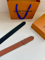 Two leather belts: navy and brown, each with metal buckle hardware, laid out