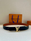 Navy leather belt with gold-tone LV buckle and tan edge stitching, front view