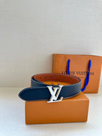 Leather belt with dark navy strap, white edge stitching, and gold LV buckle