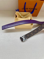 Monogram belt with purple strap and large LV buckle, straight-on view