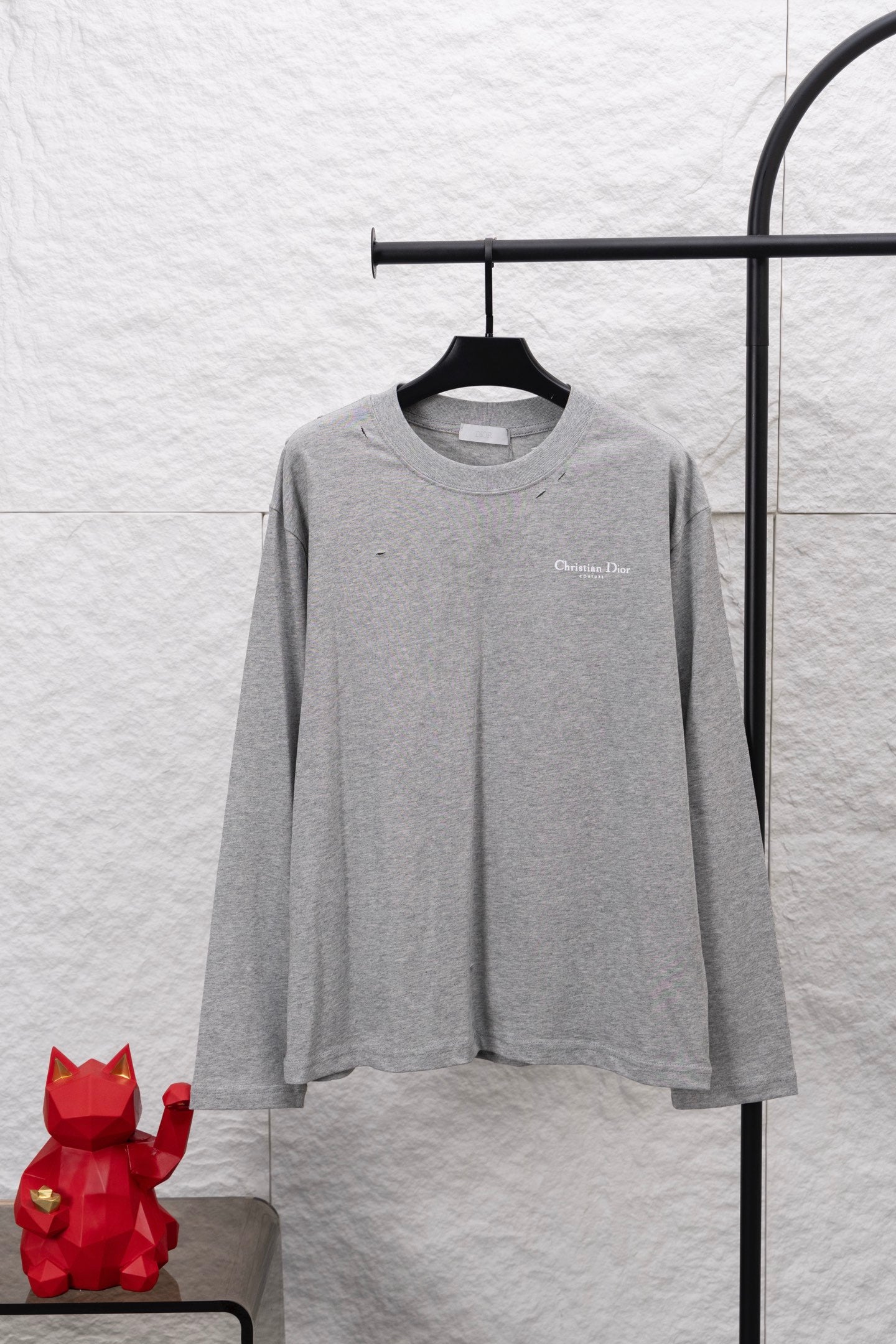 Dior long-sleeve crewneck top in heather gray, with small chest logo print