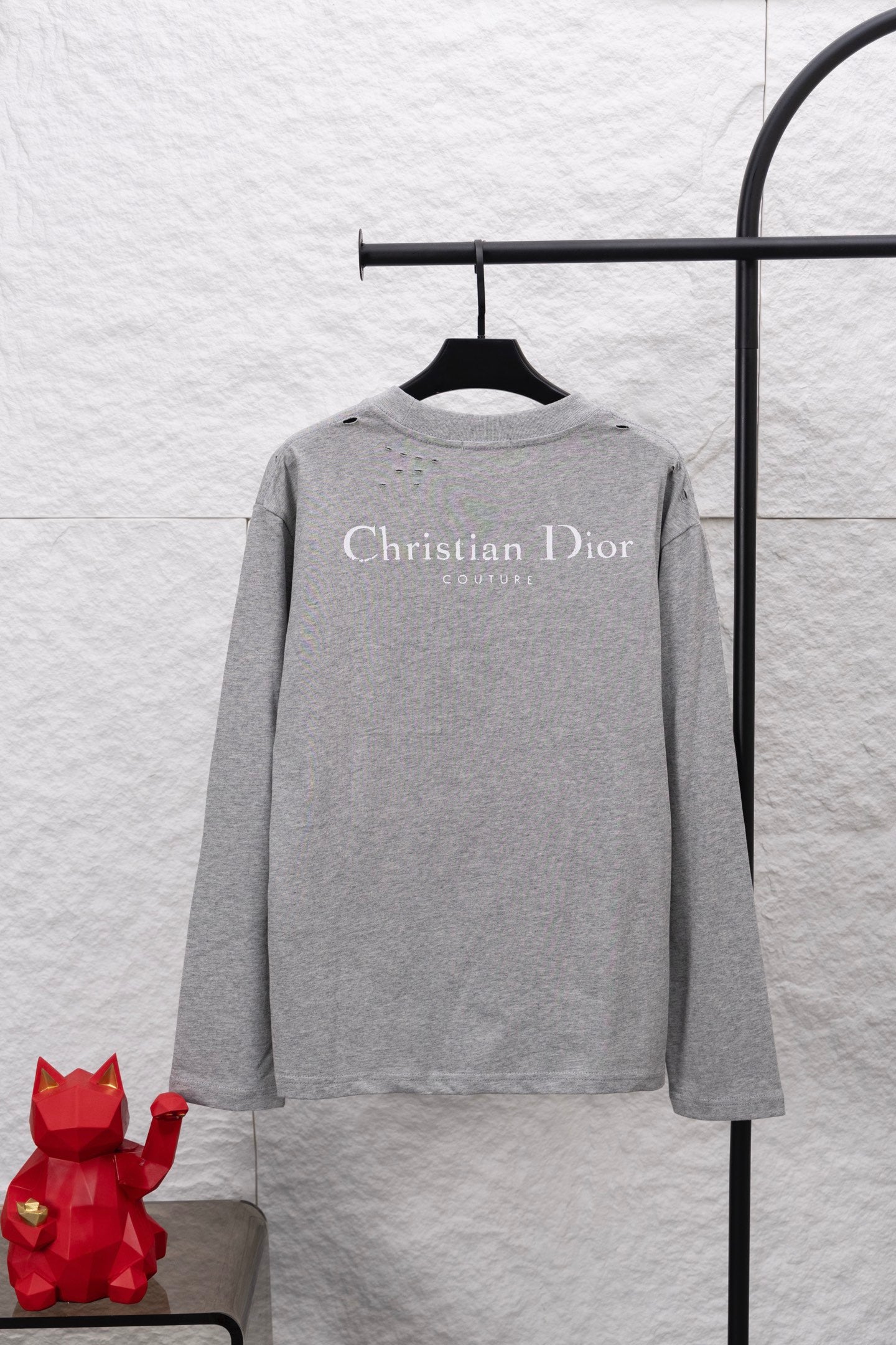 Dior long-sleeve crewneck top in heather gray, back features “Christian Dior” print