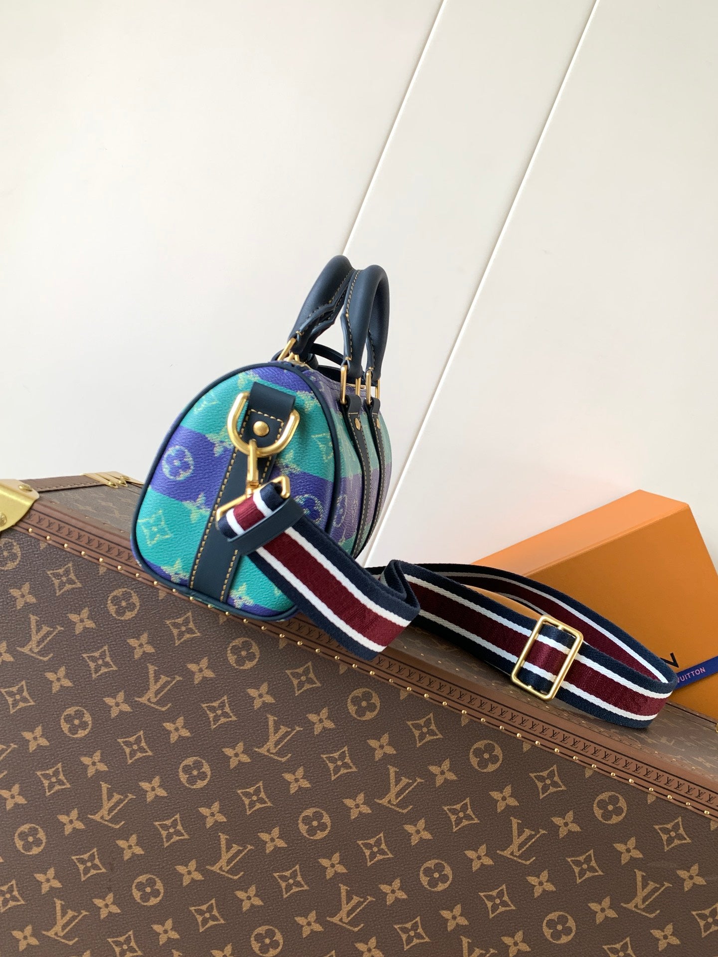 Louis Vuitton multicolor monogram handbag with striped web shoulder strap