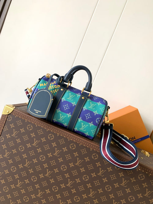 Louis Vuitton multicolor monogram satchel bag with top handles and crossbody strap