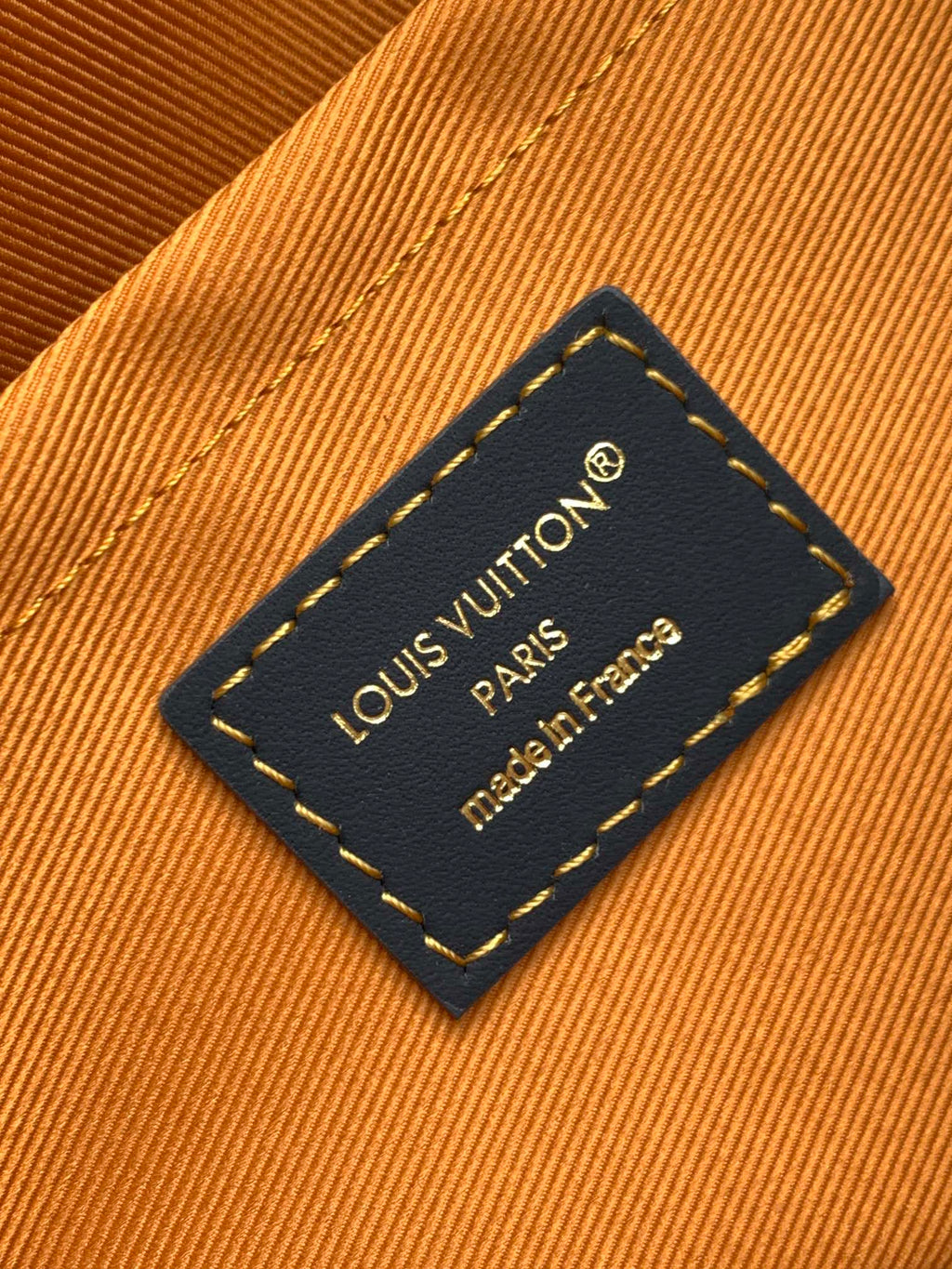 Louis Vuitton leather patch tag on multicolor bag lining
