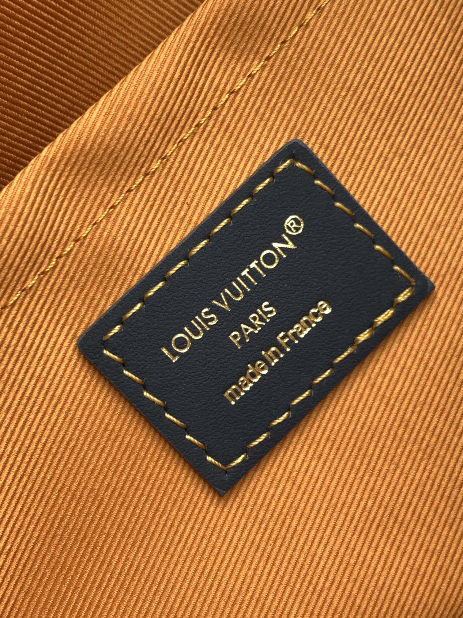Louis Vuitton leather patch tag on multicolor bag lining