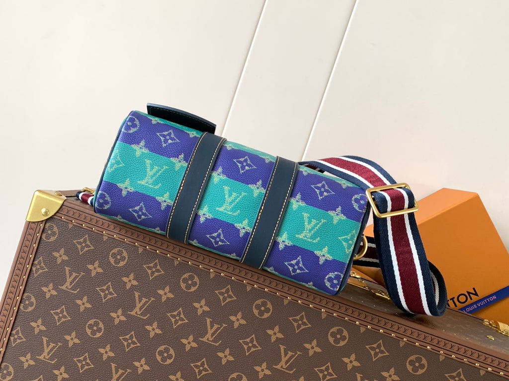 Louis Vuitton multicolor monogram handbag with striped shoulder strap and front flap