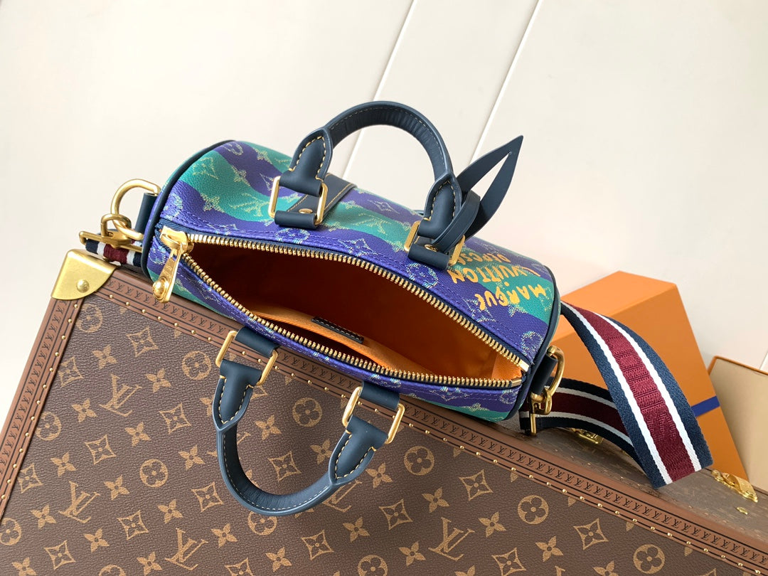 Louis Vuitton multicolor monogram handbag with open top and gold zipper pull