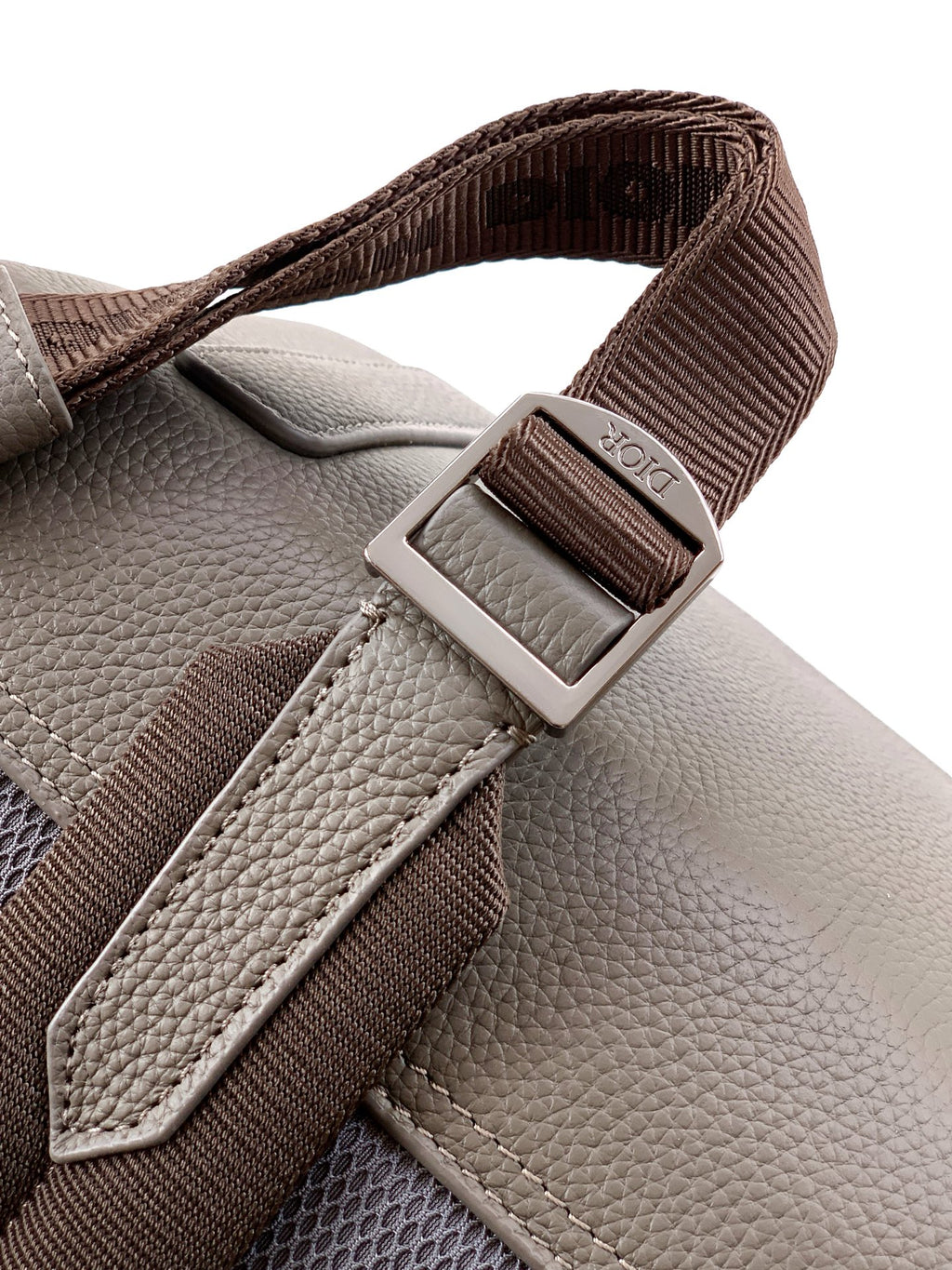 Taupe-and-light gray Dior men's backpack strap with metal buckle and logo webbing