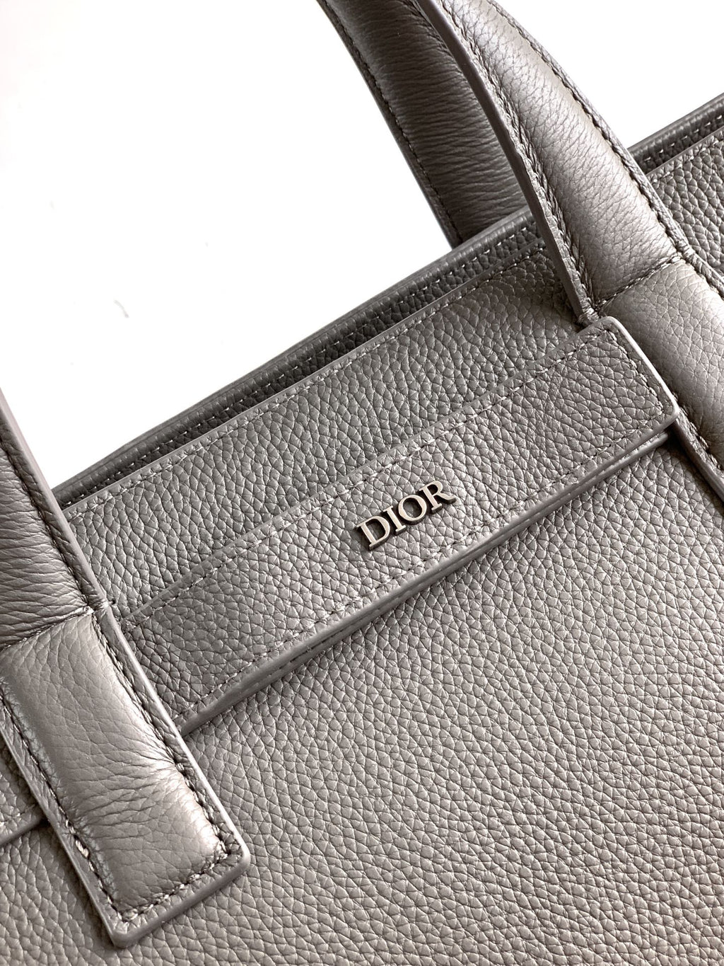 Dior handbag leather trim with Dior logo plaque on stitched pocket, light gray