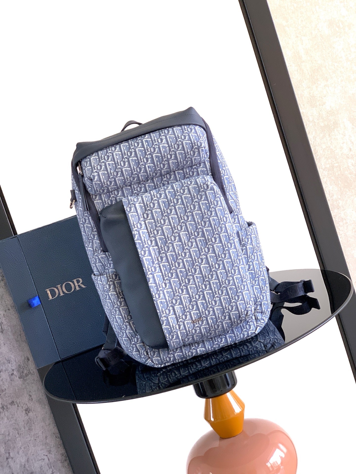 Men's Dior crossbody bag in blue Dior-pattern canvas, zip top and adjustable strap