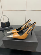 YSL womens slingback pumps in tan and black with silver toe and high heel