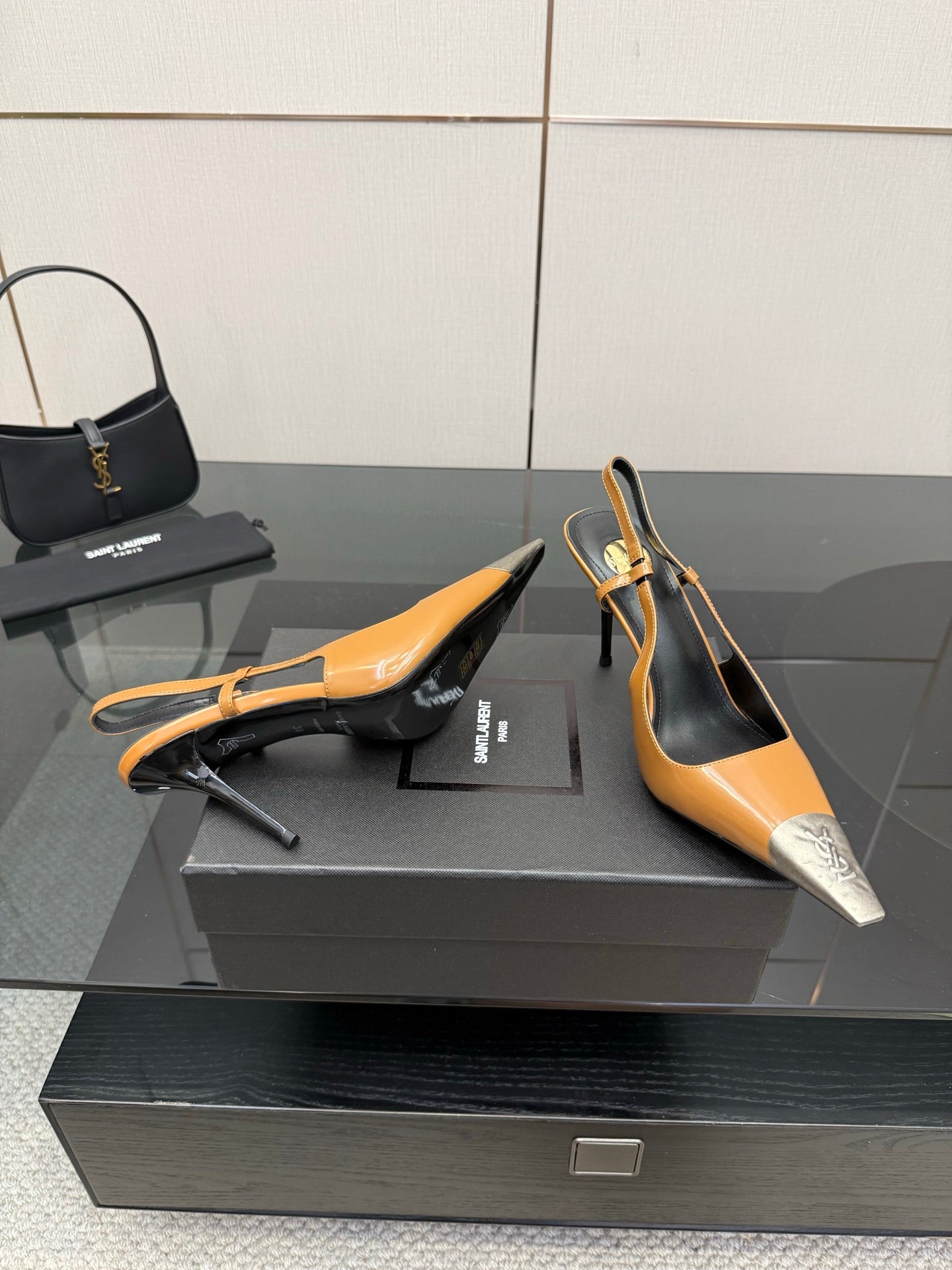 YSL womens stiletto heels in tan and black with silver toe cap and thin strap