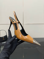 YSL womens tan and black heeled slingbacks with silver toe cap and ankle strap