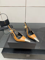 YSL womens slingback heels with tan leather straps, black lining, and silver toe tips