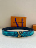Louis Vuitton belt, blue turquoise patterned strap with gold LV buckle