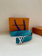 Louis Vuitton belt in turquoise dot pattern with silver LV buckle, front view